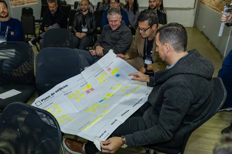 Grupo de empreendedores sentado em roda analisando um plano de negócios impresso, cheio de post-its.