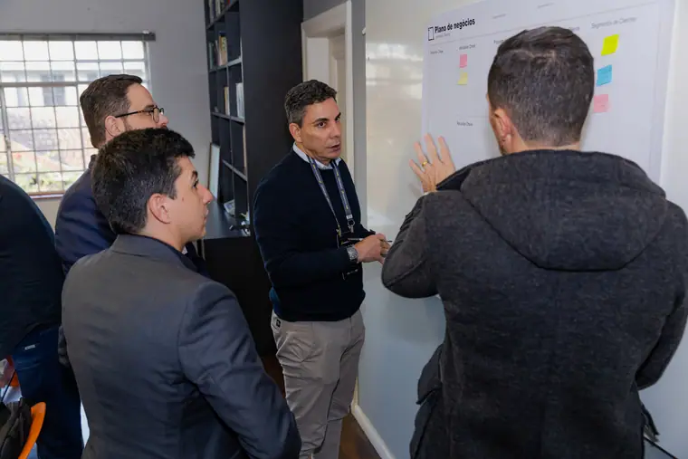 Roda de participantes em volta do plano de negócios preenchido com post-its.